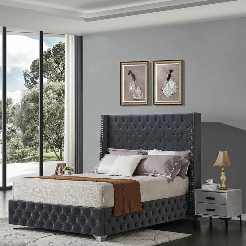 Velvet Upholstered Grey Fabric Bed Queen