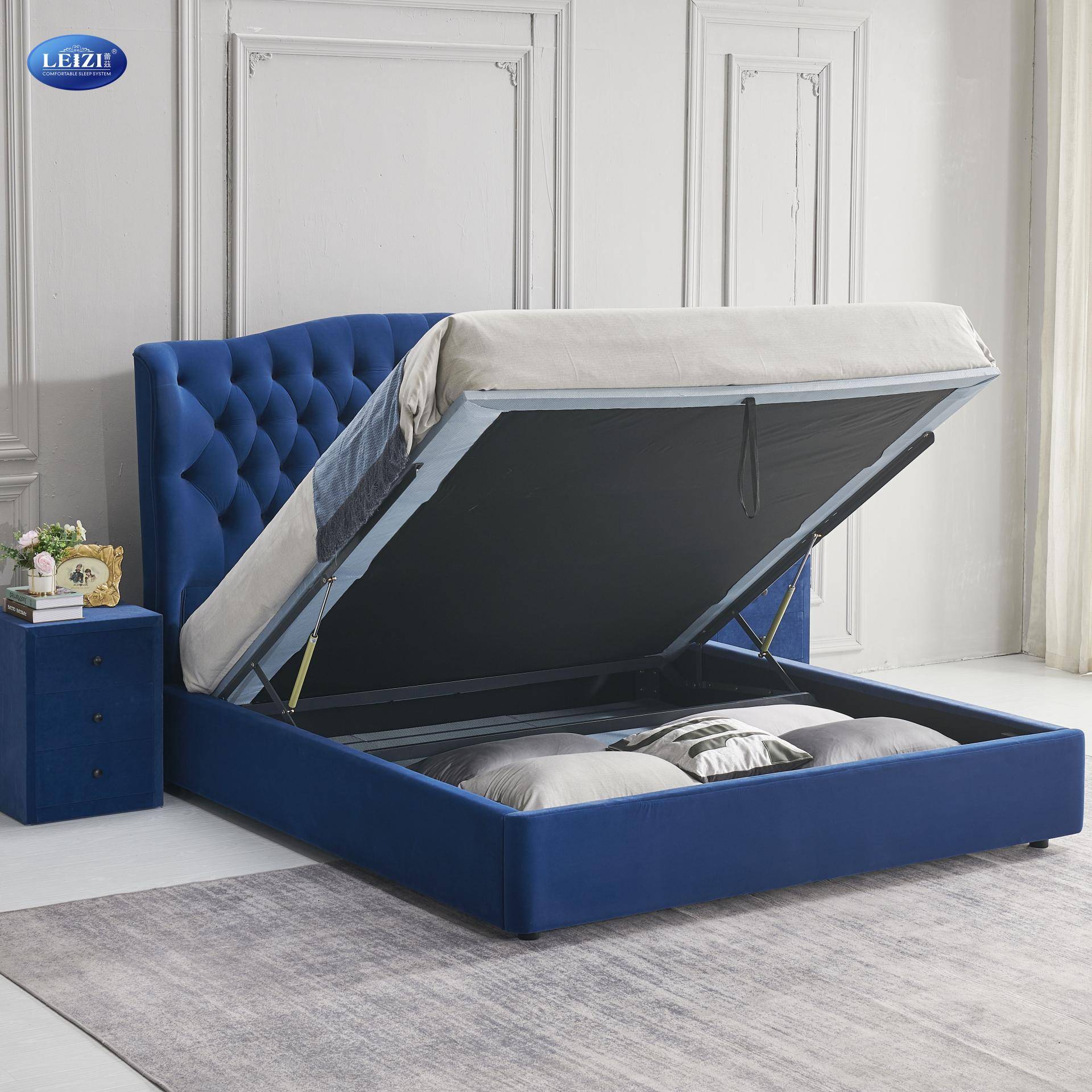 Modern Blue Tufted Velvet Bed Frame Gas Lift Storage For Luxury Bedroom | B2201
