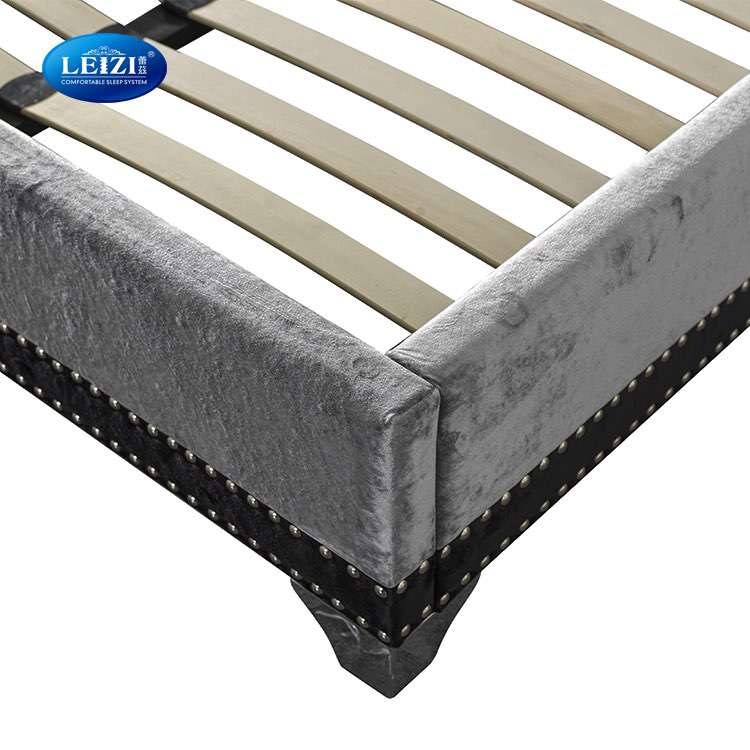 King Size Unique Design Grey Velvet Upholstered Bed