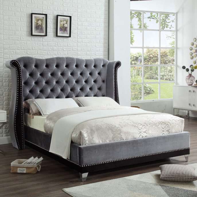 King Size Unique Design Grey Velvet Upholstered Bed