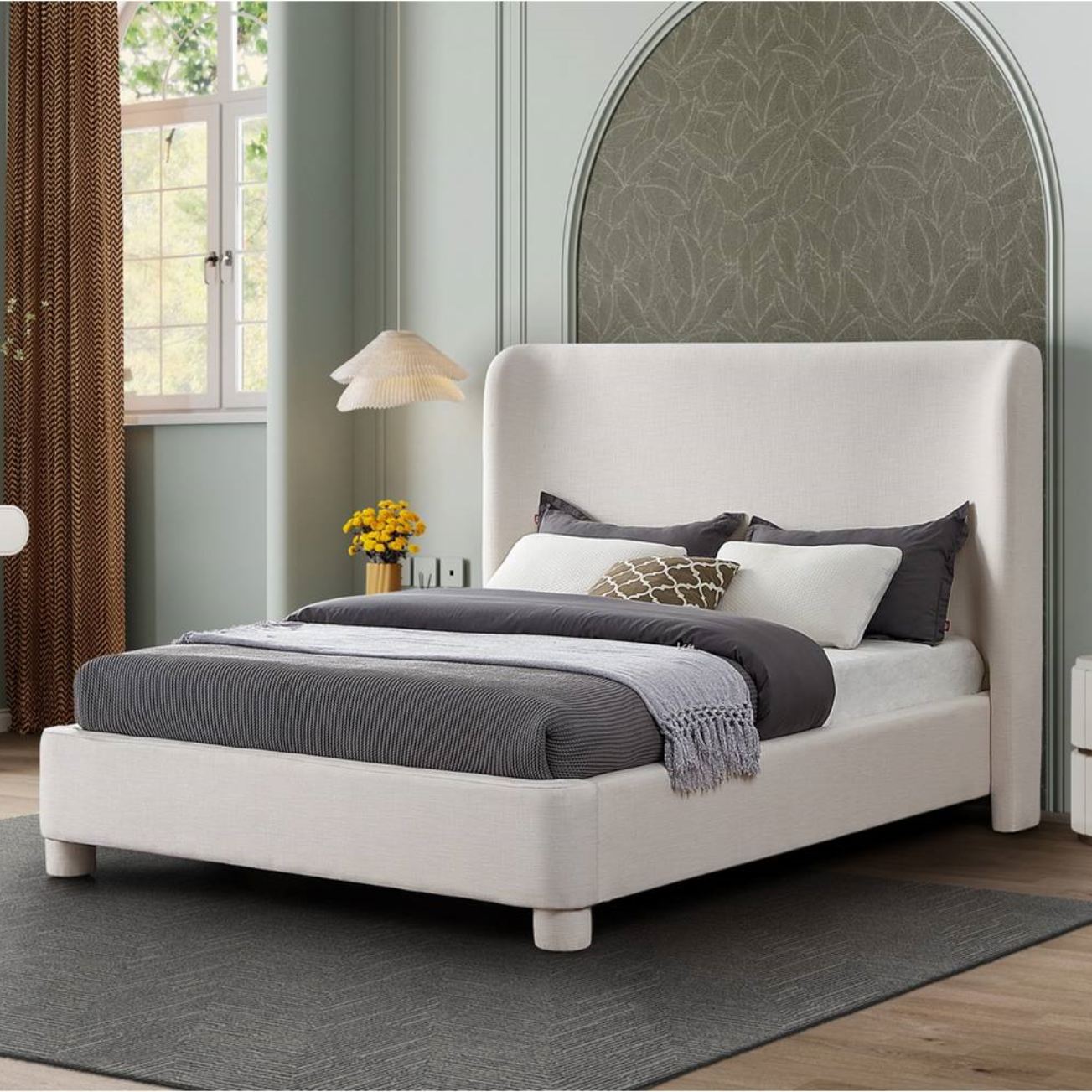 white linen upholstered bed manufacturer